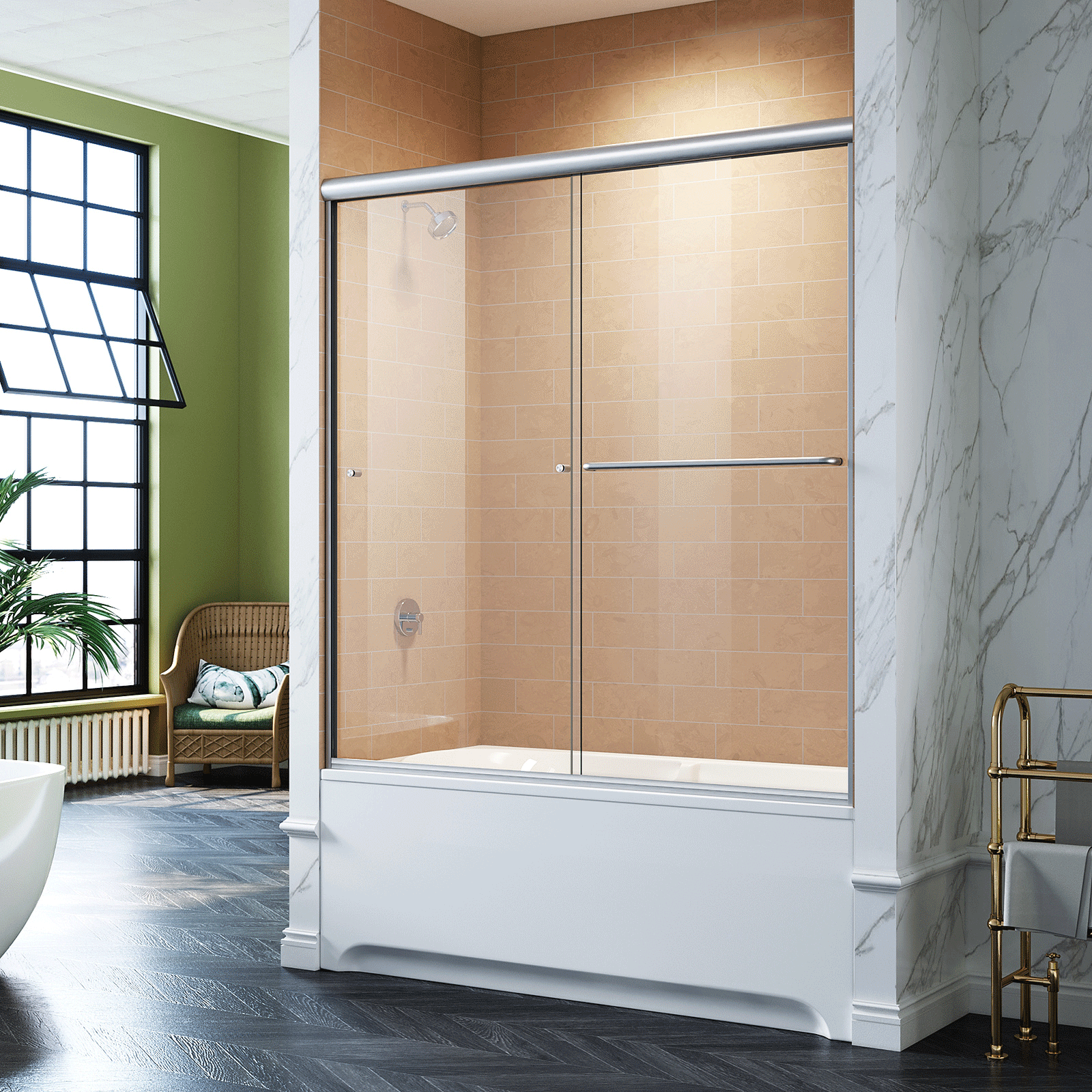 【新品未使用】Arromic SilkyNanos Bubble Shower SUNNY SHOWER 58.5''-60'' x 57'' Sliding Shower Tub Door Brushed