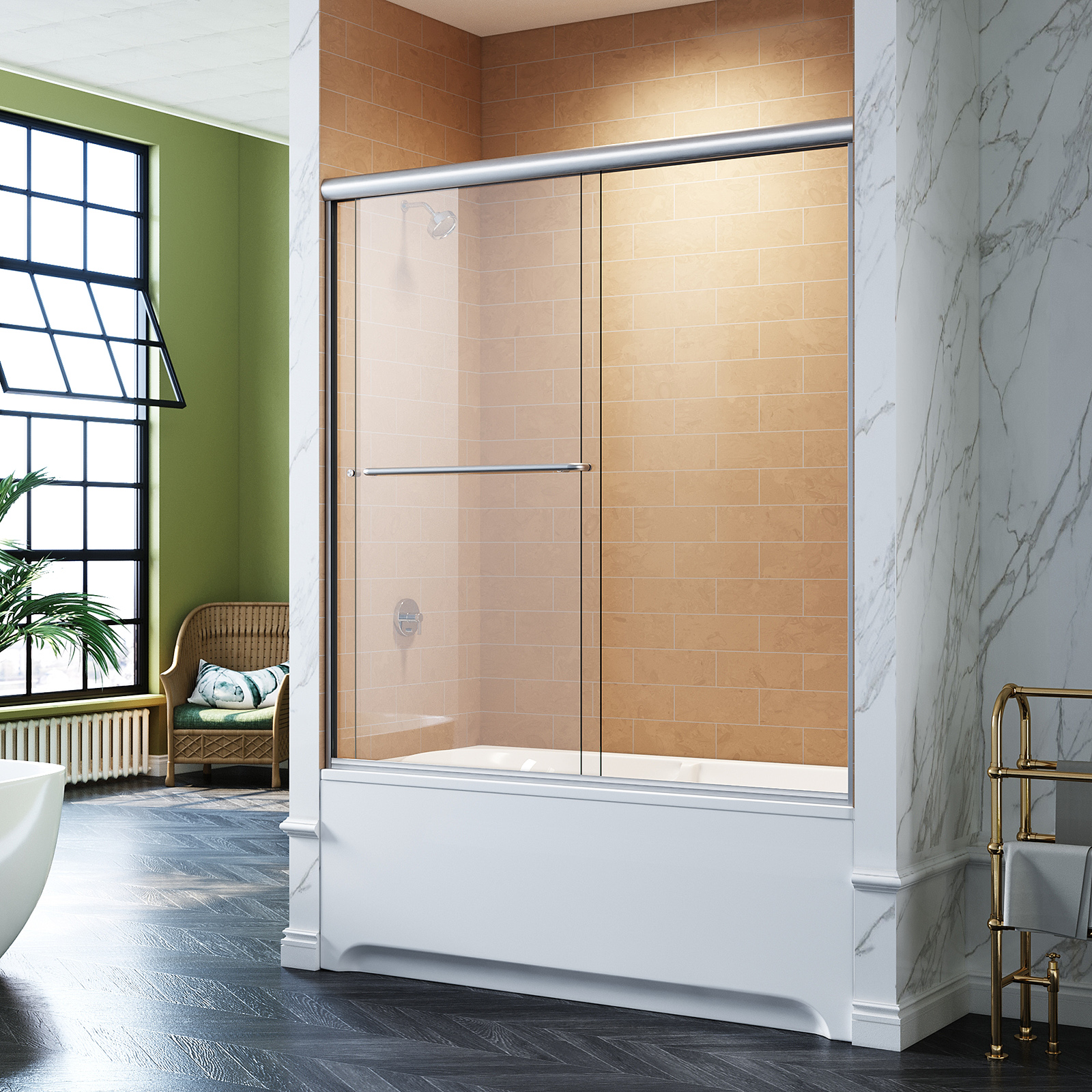 SUNNY SHOWER Polished Chrome Frameless Shower Glass Door Stainless Ste